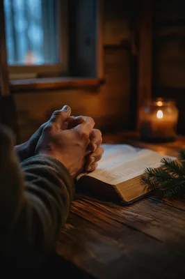 Praying Hands Beside Bible with Evergreen