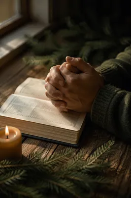 Praying Hands on Bible with Evergreen