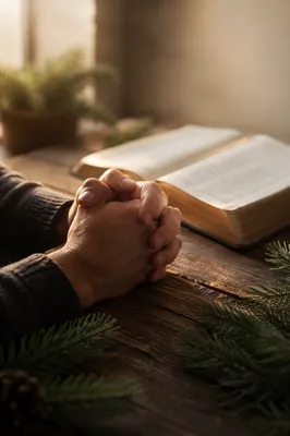 Praying Hands Beside Bible and Evergreen
