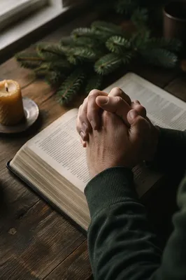 Praying Hands on Bible with Evergreen Sprigs