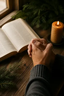 Praying Hands Beside Bible and Evergreen