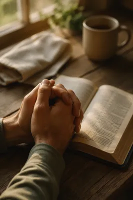 Praying Hands Over Open Bible at Dawn