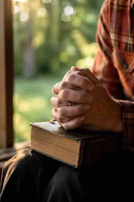 Praying Hands Resting on Bible by Window