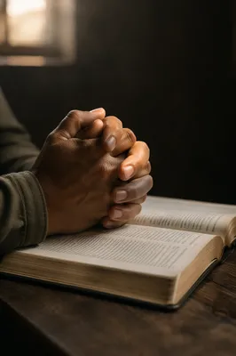 Praying Hands Resting on Open Bible