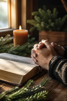 Praying Hands Beside Bible with Evergreen