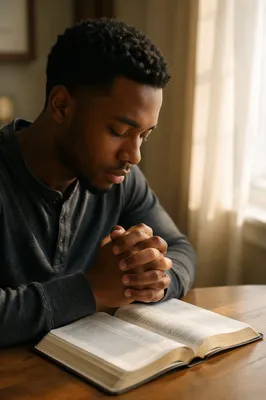 Praying Hands Over Open Bible at Sunrise
