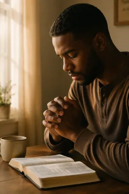 Young Man Praying Over Open Bible