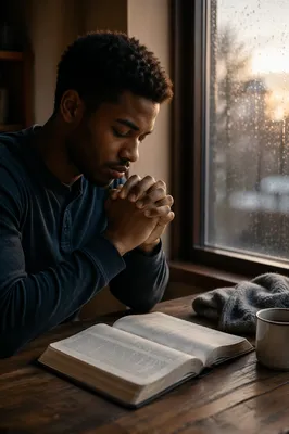 Praying Hands Above Open Bible at Dawn