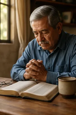 Elderly Man Praying Over Open Bible