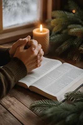 Praying Hands Over Bible With Evergreen