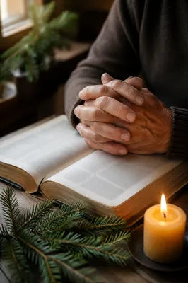 Praying Hands Over Bible With Evergreen
