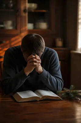 Praying Hands Over Bible with Evergreen Sprig