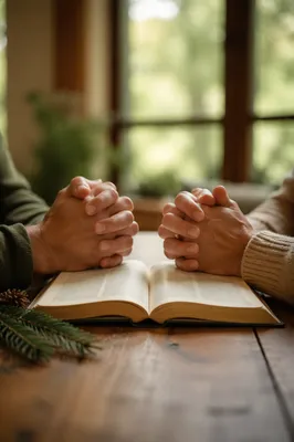 Praying Hands Over Open Bible with Evergreen