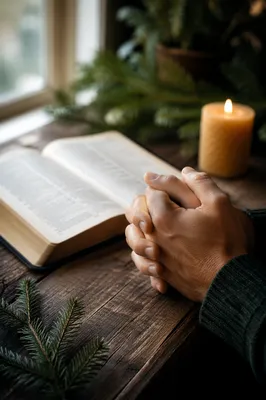 Praying Hands Beside Open Bible