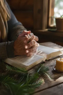 Praying Hands on Bible with Evergreen