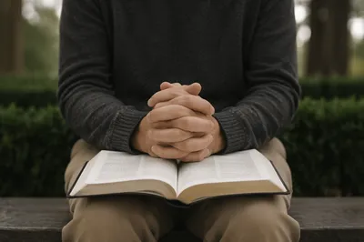 Praying Hands Over Open Bible Outdoors