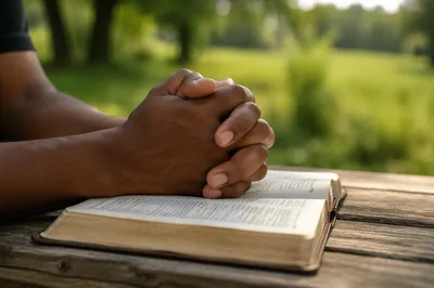 Praying Hands on Open Bible Outdoors