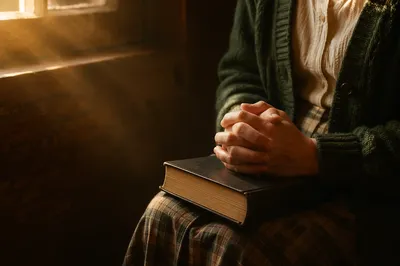 Praying Hands Resting on Bible in Sunlight