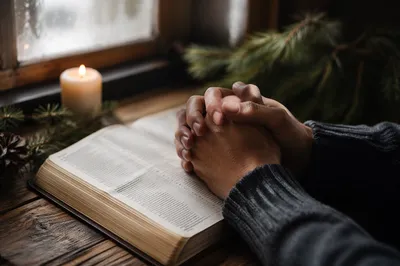 Praying Hands Over Bible with Evergreen
