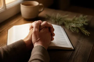 Praying Hands Above Open Bible