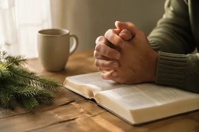 Praying Hands Above Open Bible