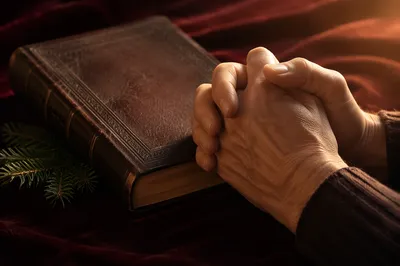 Praying Hands Beside Leather Bible