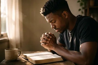 Young Man Praying Over Open Bible
