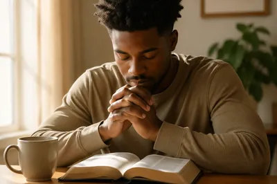 Young Man Praying Over Open Bible