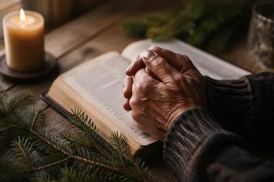 Praying Hands Over Bible with Evergreen