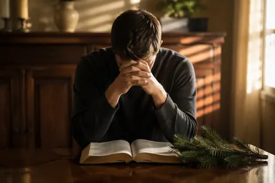 Praying Hands With Bible and Evergreen