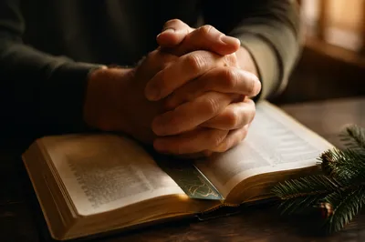 Praying Hands Over Bible with Evergreen Sprig