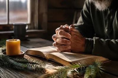 Weathered Praying Hands on Open Bible