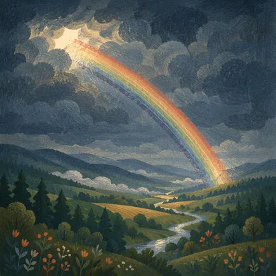 Rainbow Over Evergreen Valley After Storm