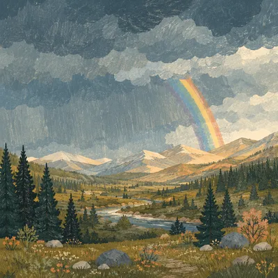 Rainbow Over Evergreen Valley After Storm
