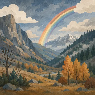 Rainbow Over Evergreen Valley After Storm