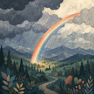Rainbow Over Stormy Evergreen Valley