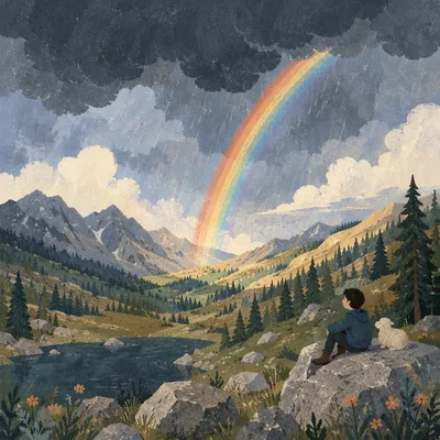 Rainbow Over Evergreen Valley After Storm