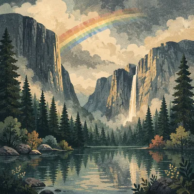 Rainbow Over Evergreen Valley After Storm