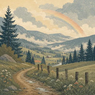 Faint Rainbow Over Evergreen Valley After Storm