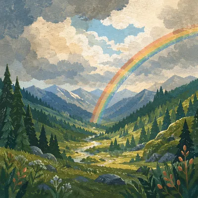 Rainbow Over Evergreen Valley After Storm