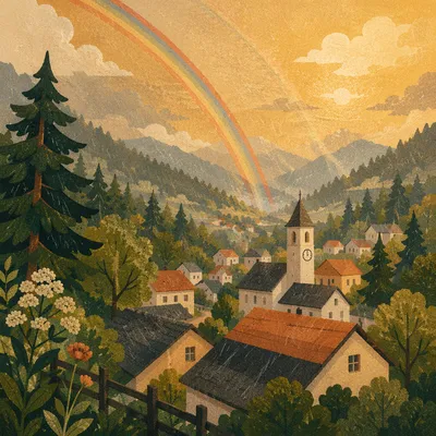 Rainbow Over Evergreen Valley After Storm
