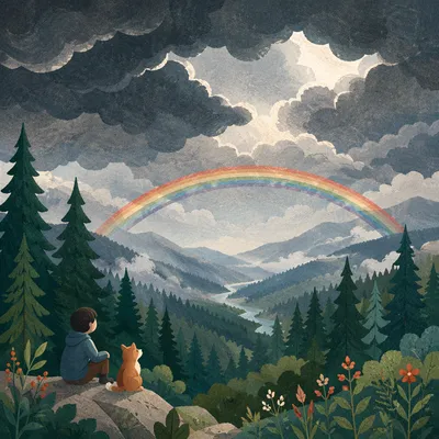 Rainbow Over Evergreen Valley After Storm