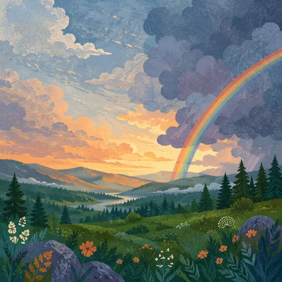 Rainbow Over Evergreen Valley After Storm