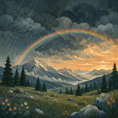 Hopeful Rainbow Over Evergreen Storm Valley