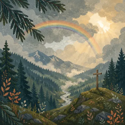 Rainbow Over Evergreen Valley After Storm