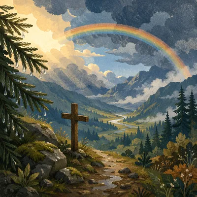 Rainbow Over Evergreen Valley After Storm