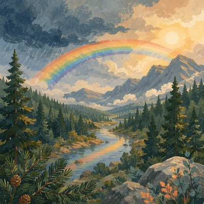 Rainbow Over Evergreen Valley After Storm