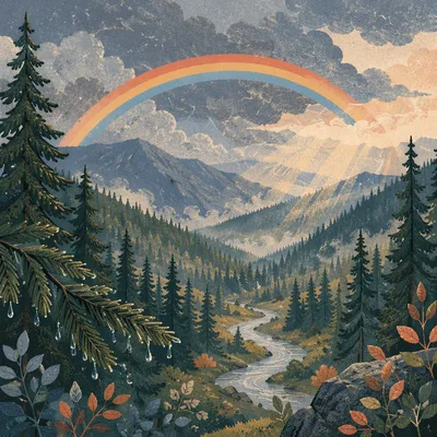 Rainbow Over Evergreen Valley After Storm