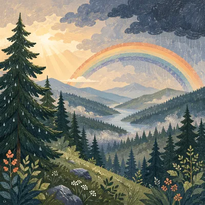 Rainbow Over Evergreen Valley After Storm