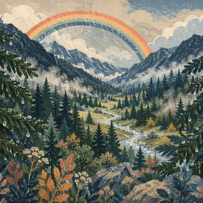 Rainbow Over Evergreen Valley After Storm